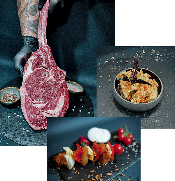 Hochwertige Fleisch- und Feinkostprodukte: Dry Aged Steak, mediterrane Bowl und Grillspieß